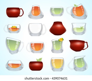 Vector illustration. All elements are separate from each other. Clipart, diverse set of cups filled with tea. With flowers and leaves. Use decorating web design, books, pages, wall in cartoon style.