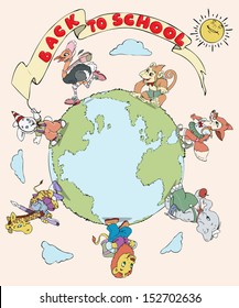 Vector illustration, all the kids are going back to school, cartoon concept.