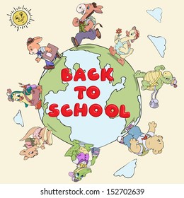 Vector illustration, all the kids are going back to school, cartoon concept.