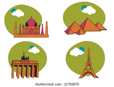 Vector illustration of All Over the World Travel. Includes the icons of Acropolis, The peramid of Kheops, Tag Mahal and Eiffel tower.