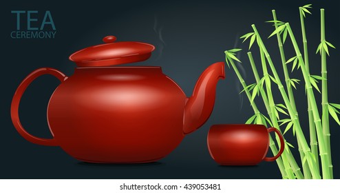 Vector illustration. All picture elements are separated from each other. Teapot and cup filled with hot tea. Stems of bamboo leaves. Decorating design for web, greeting, wedding cards background.