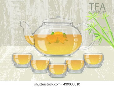 Vector illustration. All picture elements are separated from each other. Whole teapot under mask. Hand holding cup, earthenware teapot pouring tea. Decorating design web, wall, greeting, wedding cards
