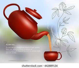 Vector illustration. All picture elements are separated from each other. Clay teapot pours hot tea in a cup with a handle. Use decorating design for web, wall, greeting, wedding cards.