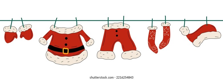 Ilustración vectorial de toda la ropa de Santa que cuelga en un tendedero. La ilustración se puede unir sin problemas de extremo a extremo para hacer una línea más larga.