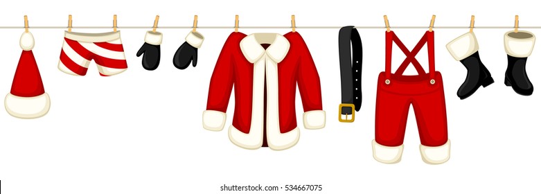 Vector illustration of all of Santa's clothes hanging on a clothesline. Illustration can be joined seamlessly end to end to make a longer line.