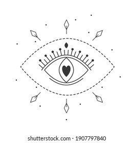 Vector illustration all seeing eye of providence. Line art mystic magic love eye symbol. Linear occult mystic emblem, graphic design tattoo. Esoteric sign alchemy, decorative style, providence sight.