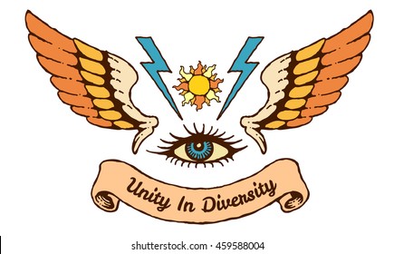 vector illustration of all seeing eye with wings and scroll in vintage tattoo style