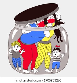 Vector illustration. Allegory Self-isolation of the family. Coronavirus epidemic. How to maintain social distance and avoid psychological problems.