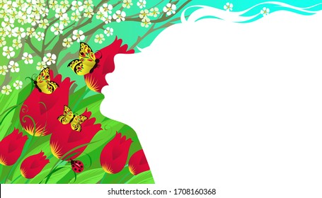 Vector illustration. Allegory of spring. Silhouette profile of a girl on a background of blue sky, flowering trees, tulips and butterflies. With place for text or calendar.
