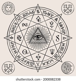 Vector illustration with an all-seeing eye inside octagonal star, Masonic, alchemical and esoteric symbols. Hand-drawn banner or mascot in the form of a circle with a third eye, magic runes and signs