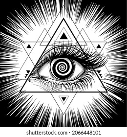 Vector illustration of the all-seeing eye. The symbol of the Masons in a modern triangle shapes and bright rays design like modern tattoos.