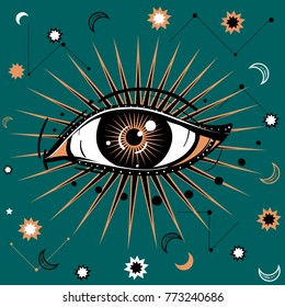 Vector illustration with All-seeing eye symbol. Celestial background. Retro and boho style.