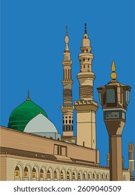 Vector illustration of Al-Masjid an-Nabawi. The Prophet’s Mosque in Medina, Saudi Arabia. A symbolic Islamic landmark with historical and spiritual significance.