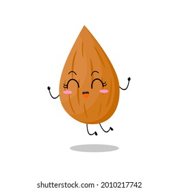 Ilustración vectorial del personaje de almendras con expresión tierno, divertido, almendra aislado en fondo blanco, estilo simple mínimo, verdura para colección de mascotas, emoticono, kawaii, feliz, salto