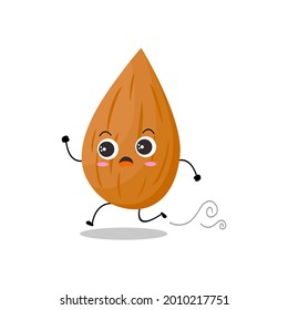 Vector illustration of almond character with cute expression, funny, almond isolated on white background, simple minimal style, vegetable for mascot collection, emoticon, kawaii, run, panic