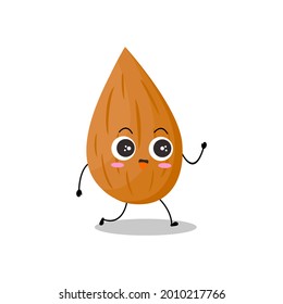 Vektorgrafik von Mandelcharakter mit süßem Ausdruck, lustig, mandeleinzeln auf weißem Hintergrund, einfacher Minimalstil, Gemüse für Maskottkollektion, Emoticon, Kawaii, Spaziergang