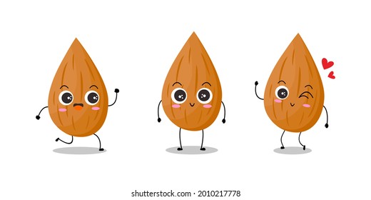 Vector illustration of almond character with cute expression, funny, almond isolated on white background, simple minimal style, vegetable for mascot collection, emoticon, kawaii, lovely