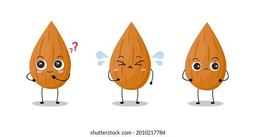 Vector illustration of almond character with cute expression, funny, almond isolated on white background, simple minimal style, vegetable for mascot collection, emoticon, kawaii, adorable
