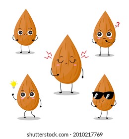 Vector illustration of almond character with various cute expression, adorable, funny, almond isolated on white background, simple minimal style, vegetable for mascot collection, emoticon, kawaii