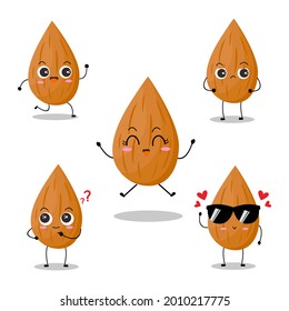 Ilustración vectorial del personaje de almendras con varias expresiones lindas, alegres, graciosas, almendras aisladas en fondo blanco, estilo simple mínimo, verdura para colección de mascotas, emoticono, kawaii