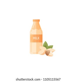 Vector illustration of almond milk with nuts. Flat lay style, lactose free food