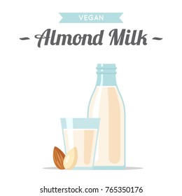 Vector illustration of almond milk with nuts. Flat style.