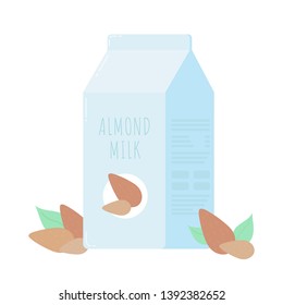 Vector illustration with almond milk in the package and almond nuts. Lactose free vector concept. vegetable milk from nuts in cute cartoon style. Lactose free milk, for vegan and vegetarian