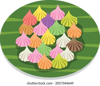 Vector illustration aloa, (Thai Dessert), allure (fascination), Aa-Lua Kanom Ar Lua Bai Teay placed on banana leaves, white background.