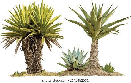 Ilustração vetorial, Aloe dichotoma com palma de Madagáscar Pachypodium lamerei, conjunto frontal isolado, fundo transparente, dupla de plantas do deserto, suculenta tolerante à seca, botânica exótica