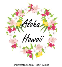Vector illustration Aloha Hawaii round frame. Tropical, exotic flowers and leaves.