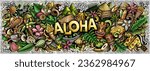 Vector illustration with Aloha Hawaii theme doodles. Vibrant and eye-catching banner design, capturing the essence of Hawaiian culture and traditions through playful cartoon symbols
