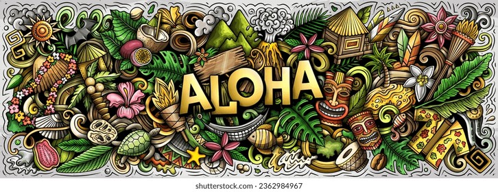 Vector illustration with Aloha Hawaii theme doodles. Vibrant and eye-catching banner design, capturing the essence of Hawaiian culture and traditions through playful cartoon symbols