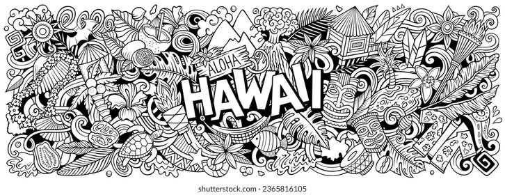 Vector illustration with Aloha Hawaii theme doodles. Sketchy and eye-catching banner design, capturing the essence of Hawaiian culture and traditions through playful cartoon symbols