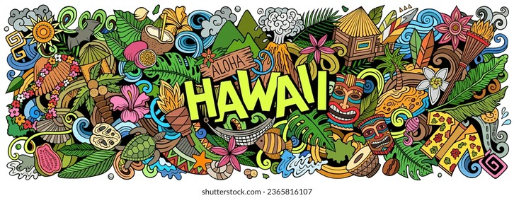 Vector illustration with Aloha Hawaii theme doodles. Vibrant and eye-catching banner design, capturing the essence of Hawaiian culture and traditions through playful cartoon symbols