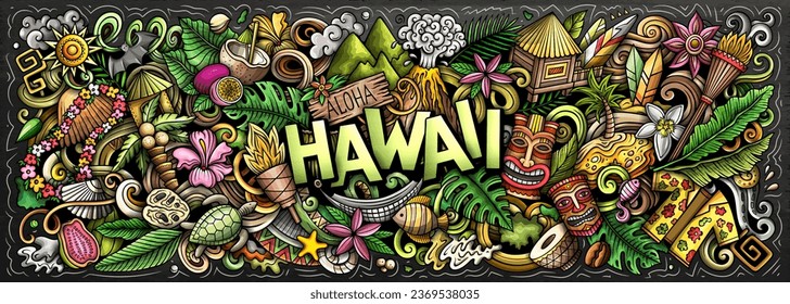 Vector illustration with Aloha Hawaii theme doodles. Vibrant and eye-catching banner design, capturing the essence of Hawaiian culture and traditions through playful cartoon symbols