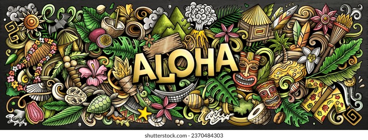 Vector illustration with Aloha Hawaii theme doodles. Vibrant and eye-catching banner design, capturing the essence of Hawaiian culture and traditions through playful cartoon symbols