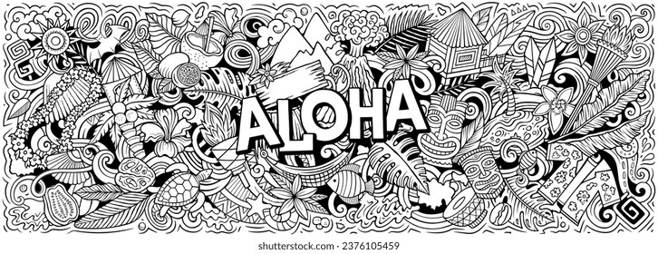 Vector illustration with Aloha Hawaii theme doodles. Sketchy and eye-catching banner design, capturing the essence of Hawaiian culture and traditions through playful cartoon symbols