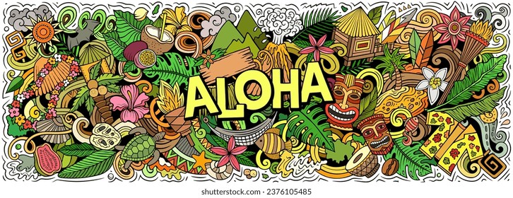 Vektorgrafik mit Aloha Hawaii Theme Doodles. Lebhaftes und auffallendes Bannerdesign, das die Essenz der hawaiianischen Kultur und Traditionen durch spielerische Zeichentricksymbolen erobert