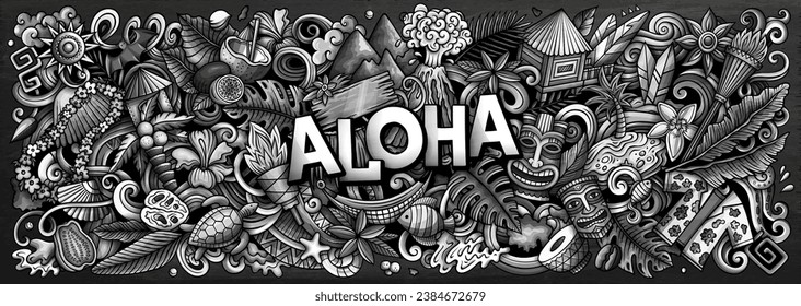 Vector illustration with Aloha Hawaii theme doodles. Monochrome banner design, capturing the essence of Hawaiian culture and traditions through playful cartoon symbols