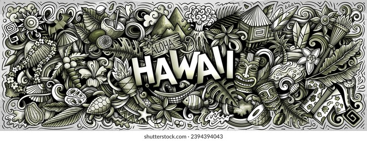 Vector illustration with Aloha Hawaii theme doodles. Monochrome banner design, capturing the essence of Hawaiian culture and traditions through playful cartoon symbols