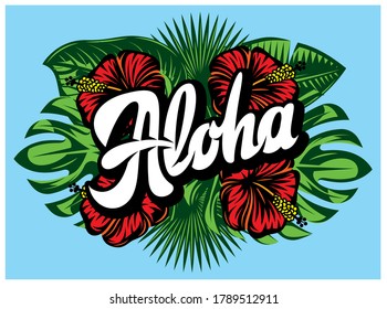 Vector illustration with Aloha lettering, palm leaves and hibiscus.