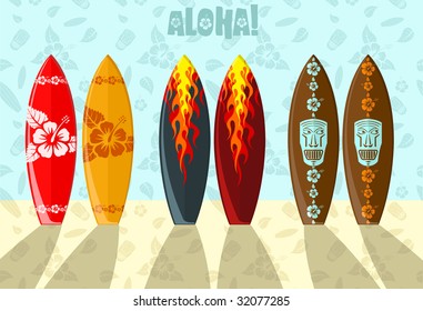 Vector illustration of aloha surf boards on the beach