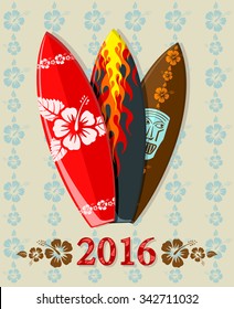 Ilustración vectorial de tablas de surf de aloha con texto de 2016 