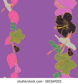 Vector illustration. Aloha typography with pink, green and purple hibiscus floral illustration for t-shirt print, seamless pattern with copy space (place for your text).