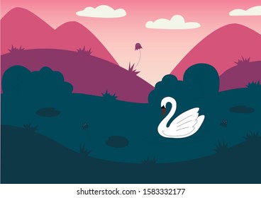 Vector illustration of alone swan in flat style. Cute swan illustration for children's book. Great illustration for pillows, wallpaper, notebooks and covers.