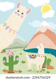 Vector illustration, Alpaca and cacti. Chilly landscape. Llama.