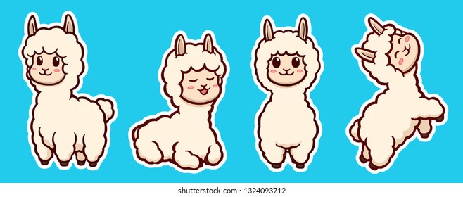 Vector illustration of alpacas / llamas characters sticker in four different poses.