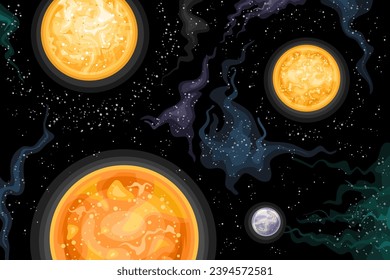 Vector illustration of Alpha Centauri Stellar System, astronomical horizontal poster with cartoon design triple-star fantasy system in deep space, decorative cosmic print on starry space background