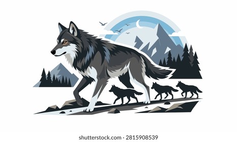 Vector illustration of an alpha wolf pack leader howling in a snowy mountain landscape isolated on white background