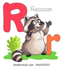 Vector illustration. Alphabet with animal. Large capital letter R with a picture of a bright cute raccoon.